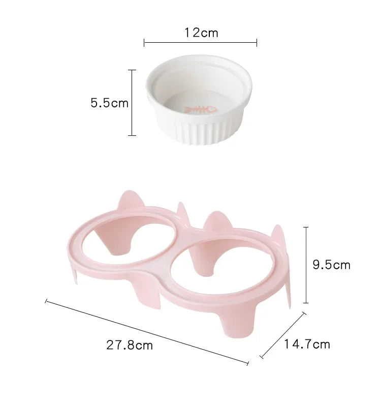 Cat Bowl Ceramic Double Bowl Water Bowl Cervical Protection High Foot Diagonal Cat Food Pot Drinking Pet Dish Pet Supplies