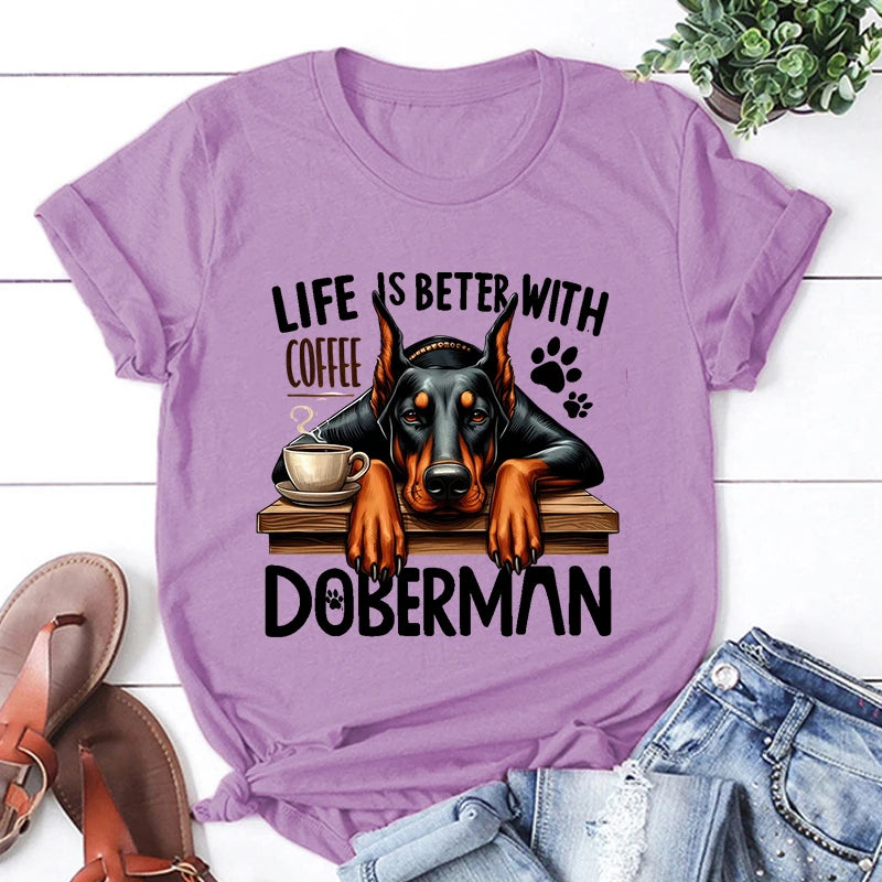 the BETTER LIFE - Hot Life Is Better with Coffee Doberman Graphic Short Sleeve T-Shirts for Men/Women, Shirts Loose T-Shirt, Casual Summer T-Shirts