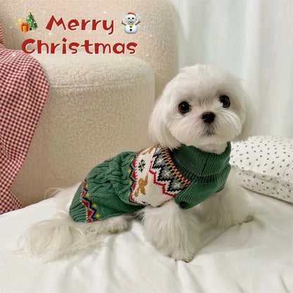 Christmas Dog Sweater with Reindeer Pattern, Red Green High Neck Pullover for Dogs Cats, Warm Winter Puppy Clothes Holiday Wear