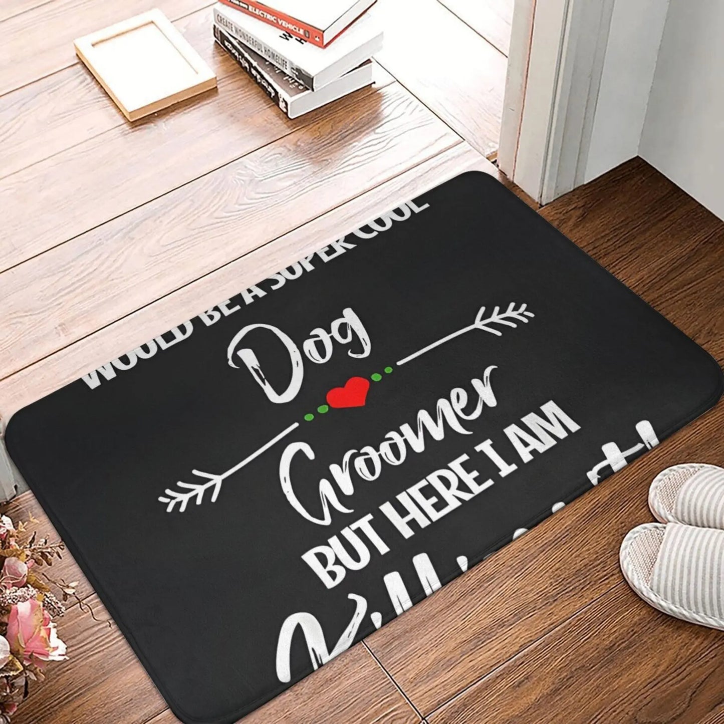the PAWGROOM WELCOME MAT - 1 Piece, "Dog Groomer" Flannel Doormat, Rectangular, Non-Slip, Machine Washable, Lightweight Polyester, Home Decor