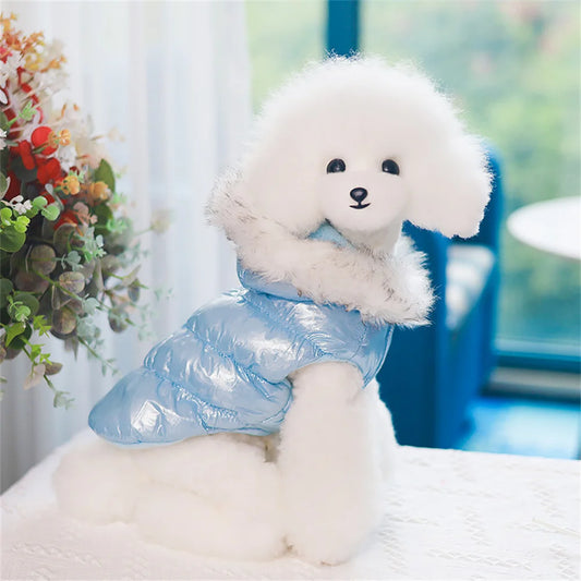 the PUFFY PRINCESS - Fashion Winter Dog Down Jacket, Warm Fleece Pet Coat for Small Dogs, Yorkshire Shih Tzu Luxury Fur Collar Puppy Clothes Outfits