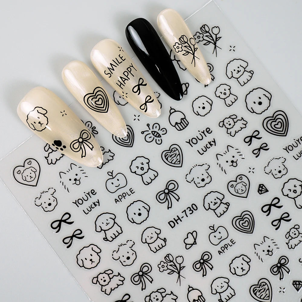 3D Flat Cute Cartoon Nail Stickers Doodle Cat Dog Heart Star Flower Nail Art Stickers Women DIY Manicure Decoration Decals