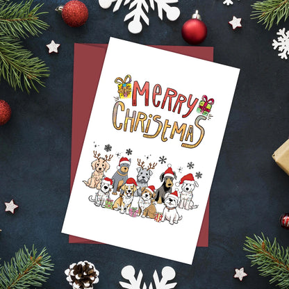 Festive Christmas Dogs Greeting Card,Cute Puppy with Santa Hat & Elk Horns Christmas Cards,Novelty Holiday Gift for Dog Lovers