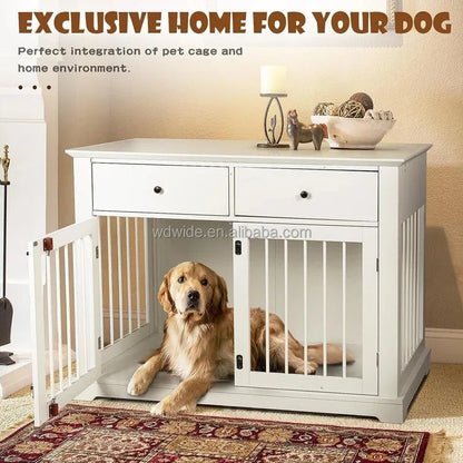 the TABLE CRATE - Dog Crate Indoor Doghouse with Two Doors and Lock, With Storage Drawers and Large Tabletop Dog Cages