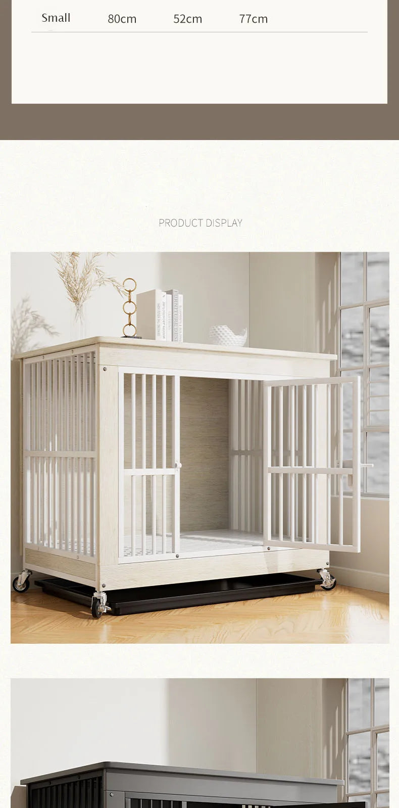 Reinforced Anti-Biting Dog Kennel Sturdy and Durable Wooden Round Pipe Dog Cage with Detachable Wheels Pet Bed