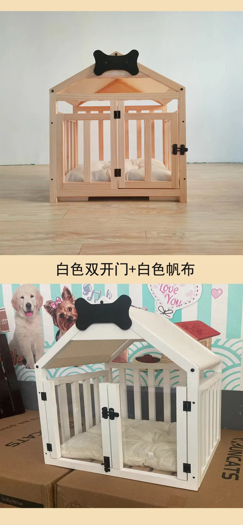 the DOG BONE DOGHOUSE - Solid Wood Doghouse, Large Space Double Doors Indoor Breathable Small Dog Washable Cat's Nest Doghouse, Waterproof Pet Bed