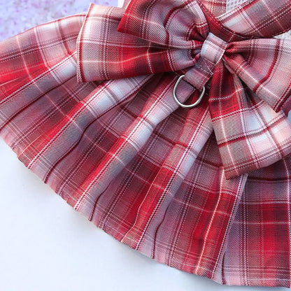 Reusable with Leash Traction Dog Plaid JK Dress Thin Dacron Pet Harness Skirt Washable Comfortable Dog Bow Skirt Puppy