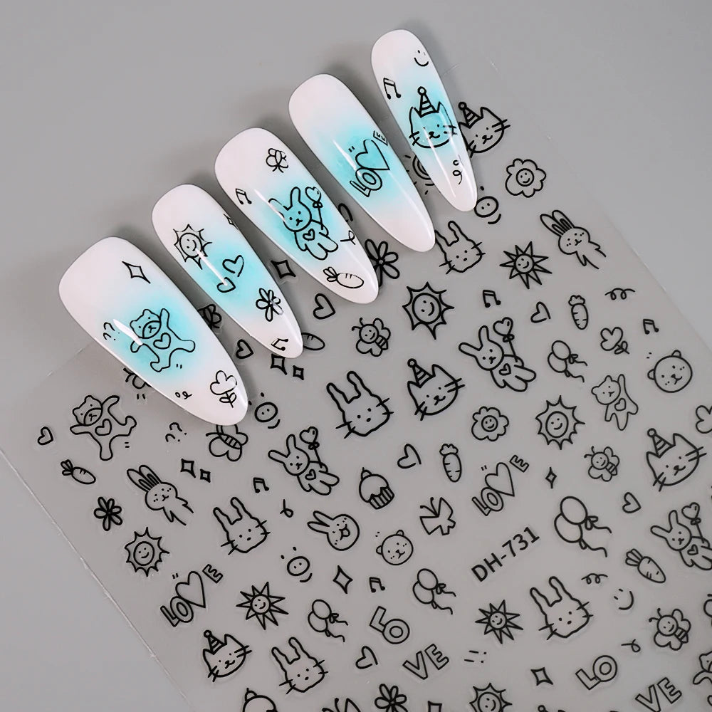 3D Flat Cute Cartoon Nail Stickers Doodle Cat Dog Heart Star Flower Nail Art Stickers Women DIY Manicure Decoration Decals