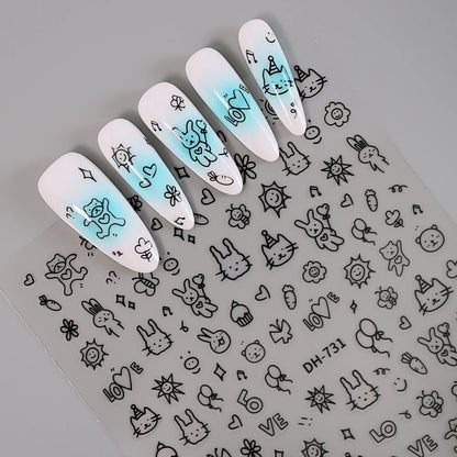 3D Flat Cute Cartoon Nail Stickers Doodle Cat Dog Heart Star Flower Nail Art Stickers Women DIY Manicure Decoration Decals