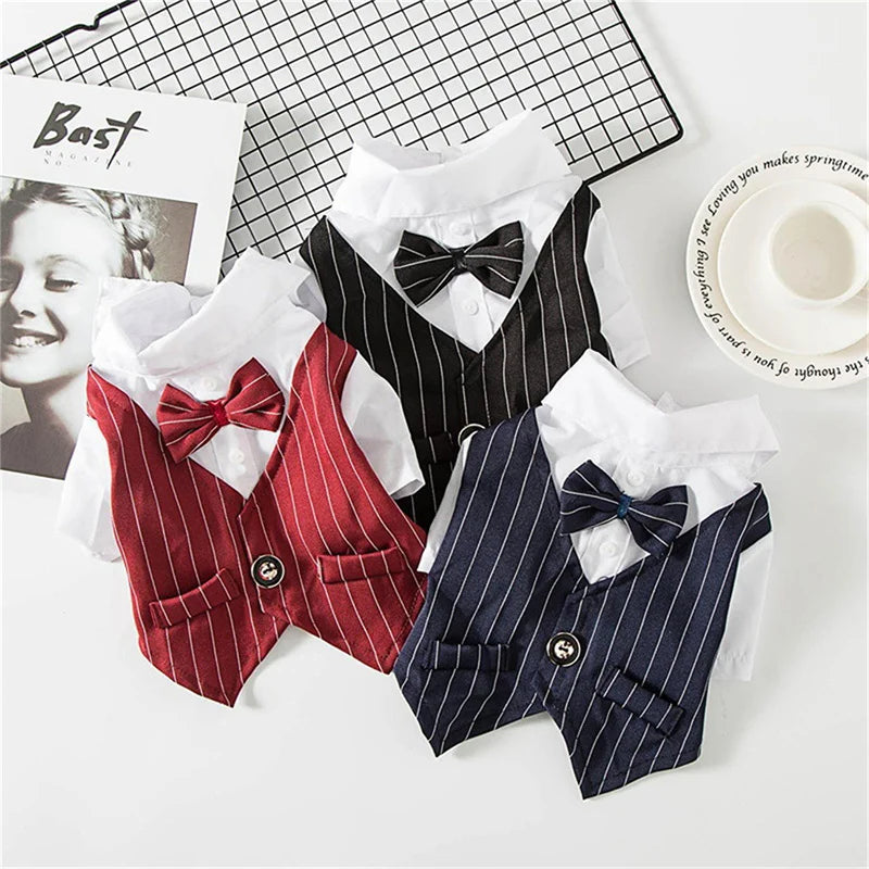 Dog Shirt Stylish Suit Pet Small Dog Clothes Bow Tie Wedding Shirt Costume Formal Tuxedo With Bow Tie Puppy Cat Bulldog Clothing
