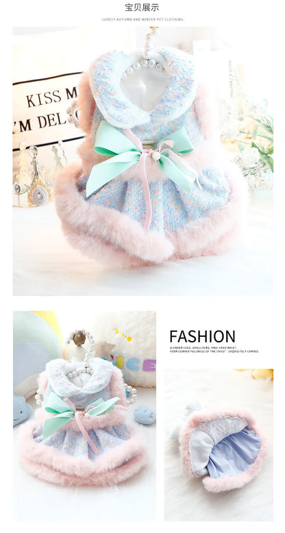 Dog Clothing Winter Thickened Cat Princess Dress Color Tow Dog Double-layer Skirt Fashion Design Warm Dog Coat