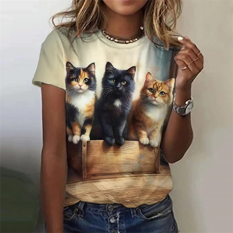 the LITTLE FURBALLS - Cute Women's T-Shirt, Cat/Dog 3D Print Casual Short Sleeve Funny T-Shirts, Fashion Streetwear O-Neck Orange Cat Female Clothing