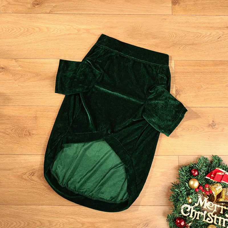 the MERRY WOOFMAS SWEATER - Christmas Velvet Dog Sweatshirt, “Merry Christmas” Print, Warm Soft Pullover, Red/Green, Sizes S–6XL for Small to Large Dogs