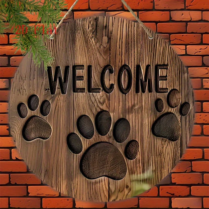 2D Flat, Farmhouse Style Round Wooden Welcome Sign with Dog Paw Print - Rustic Artificial Wood Wall Art for Home, Garden, Cafe,