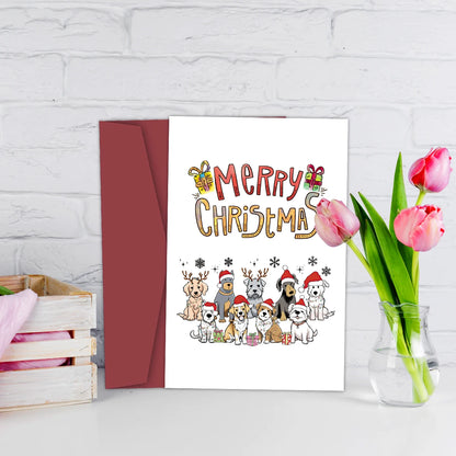 Festive Christmas Dogs Greeting Card,Cute Puppy with Santa Hat & Elk Horns Christmas Cards,Novelty Holiday Gift for Dog Lovers