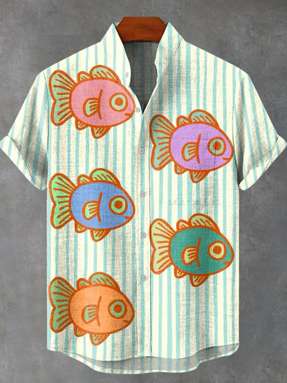 the CLIFFORD - Men's Short Sleeve Linen Shirt, 3D Fish Print Pocket Short Sleeve Shirt, Fashion Button Men's Shirt