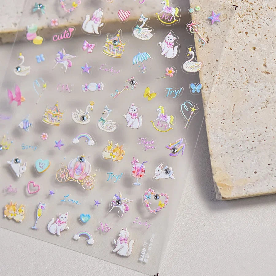 Graffiti Cat Claw Rabbit Bunny Bear Dog Flower Lovely Animal Fruit Dim Sum Candy Sunflower Adhesive 5D Nail Art Stickers Decal