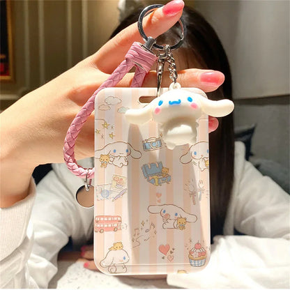 Kawaii Sanrio Cinnamoroll Keychain Cartoon Dog Sliding Card Holder Student Meal Bus Card Lady ID Card Credit  Holder