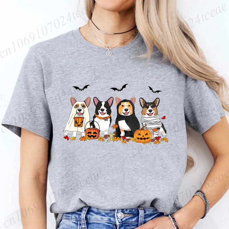 the COSTUME CANINES - Halloween Dog Fashion T-Shirt Tops, Women Harajuku Graphic Tees, Shirt Femme Corgi Dogs Halloween Women's T-Shirt