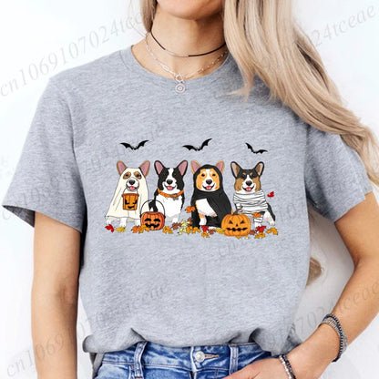 the COSTUME CANINES - Halloween Dog Fashion T-Shirt Tops, Women Harajuku Graphic Tees, Shirt Femme Corgi Dogs Halloween Women's T-Shirt