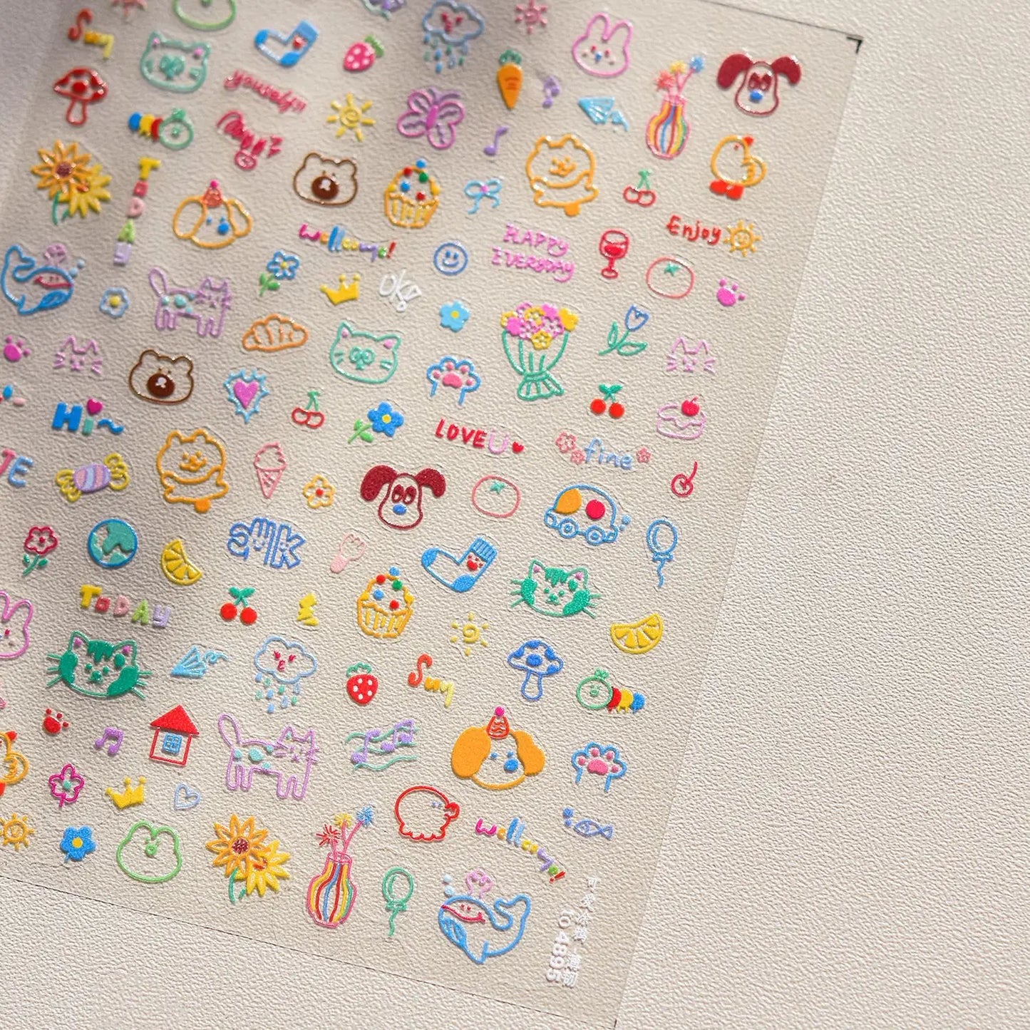 Graffiti Cat Claw Rabbit Bunny Bear Dog Flower Lovely Animal Fruit Dim Sum Candy Sunflower Adhesive 5D Nail Art Stickers Decal