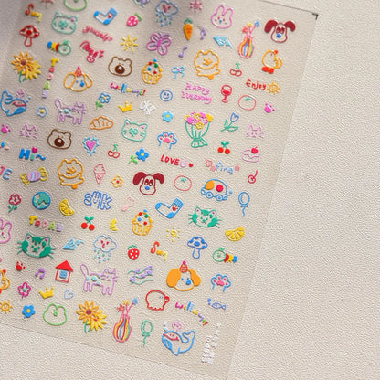 Graffiti Cat Claw Rabbit Bunny Bear Dog Flower Lovely Animal Fruit Dim Sum Candy Sunflower Adhesive 5D Nail Art Stickers Decal