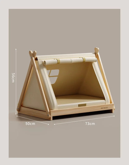 Indoor Dog Tent Pine Wood Dogs Tents Beds Cushion Removable Breathable Dog House Closed Moisture-proof Pet Cat Double Door Tent