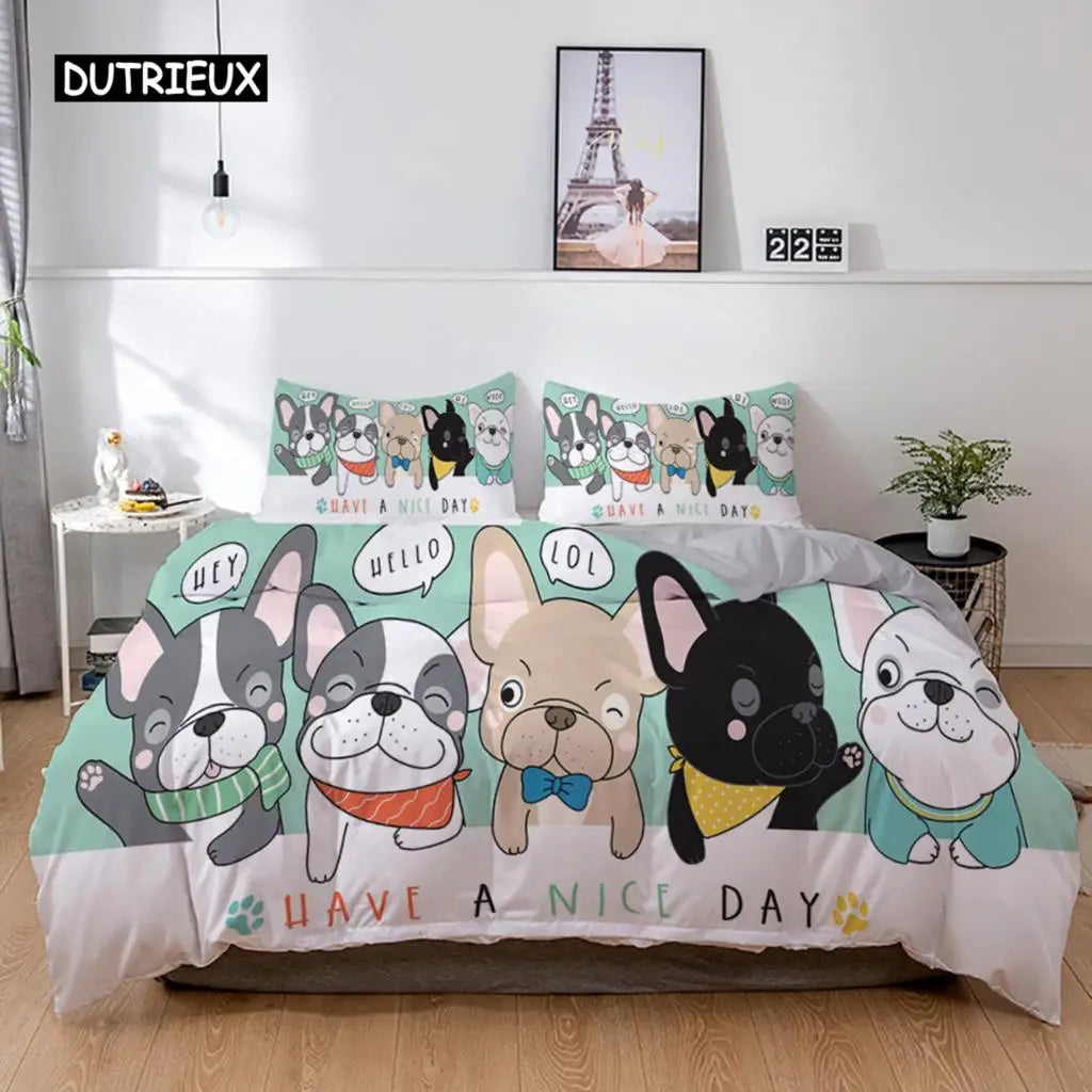 the PRINTED PET DUVET - 3D Dog Bedding Set, Cute French Bulldog Puppy Duvet Cover Sets, Cartoon Bed Cover, Pet Animals Home Textiles, Queen 2/3Pcs King Full