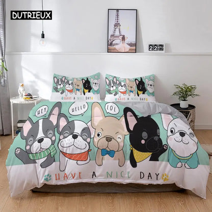 the PRINTED PET DUVET - 3D Dog Bedding Set, Cute French Bulldog Puppy Duvet Cover Sets, Cartoon Bed Cover, Pet Animals Home Textiles, Queen 2/3Pcs King Full