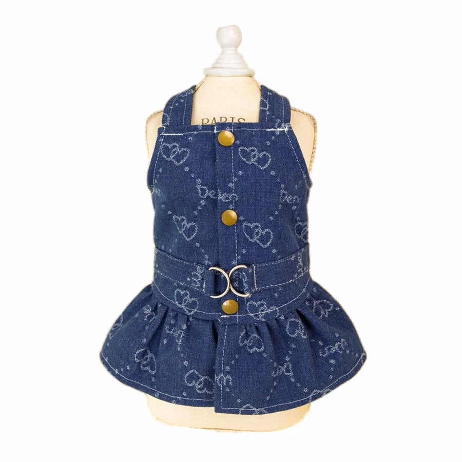 Small Dogs Clothes Designer Luxury Puppy Summer Clothes Girls Cat Dresses,Love Jeans Harness Vest Denim Dress One Piece S-XXL