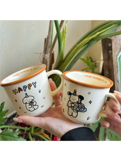 1Pcs Ins Cute Happy Bear Ceramic Mug Kawaii White Puppy Cartoon Coffee Mug Fashion Vintage Afternoon Tea Cup Pair Couple Gift
