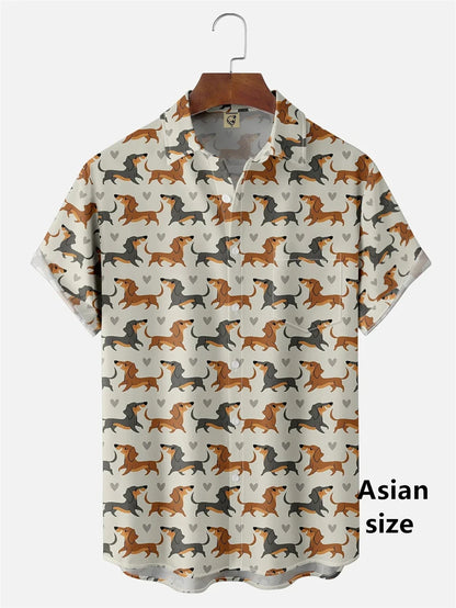 the HOT DOG DACHSHUND - Funny Cartoon Hot Dog Dachshund Graphic Shirts, Men/Women 3D Printed Casual Vacation Hawaiian Short Sleeve Shirts, Button Blouse