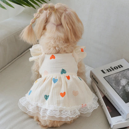 Pet Light Yellow Heart-shaped Little Fly Sleeve Dress Cat and Dog Four Season Vest Puppy Clothes Dog Dresses for Small Dogs