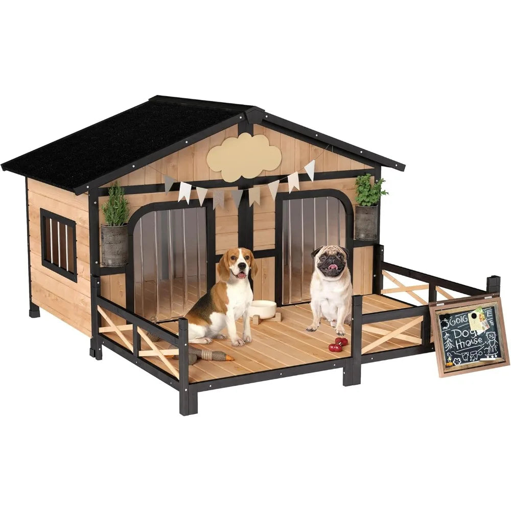 the LUXURY PET PAD - Wooden Large Doghouse Outdoor Double XL Dog Kennel with Elevated Floor and Porch, Weatherproof Puppy/Dog Shelter