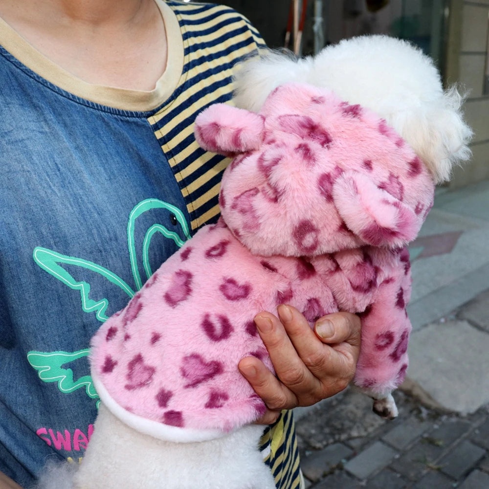 Pet Sweater Winter Leopard Print French Bulldog Soft Coat Small Dog Clothes Fur Hoodies Cute Dog Clothes