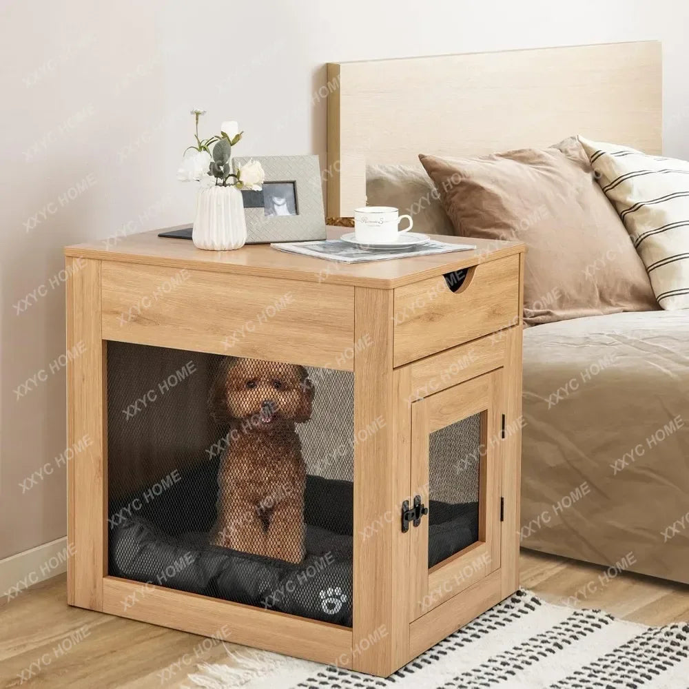 the DOGGY NIGHTSTAND - Dog Crate Furniture with Wireless Charging Function & USB Ports, Furniture Style Small Dog Crate, End Table with Drawer & Removable