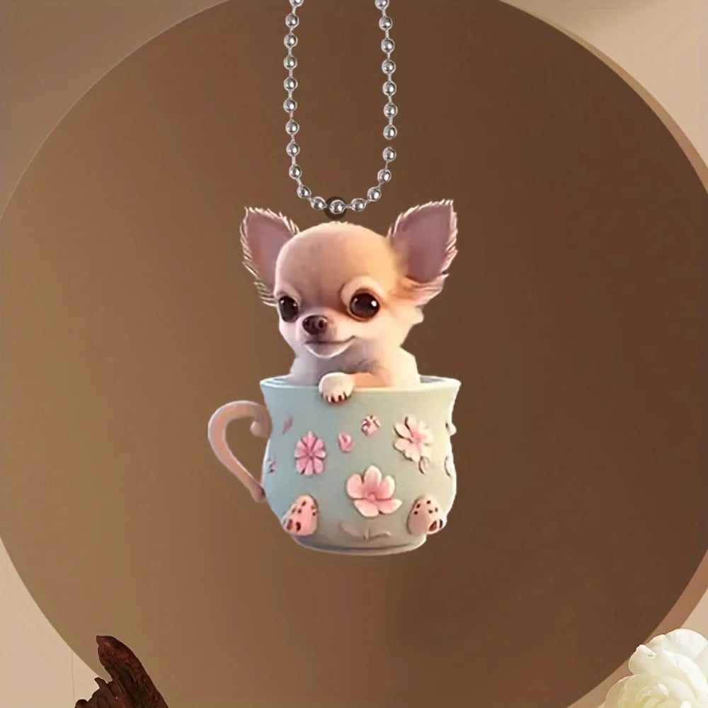 2D Chic Chihuahua Keychain Puppy in Tea Cup Pendant Ornament Acrylic Charm For Christmas ,Backpack,Bag,Home,Festive,Gift&Decor