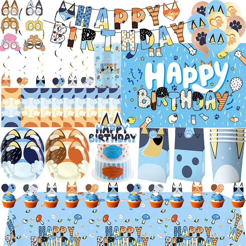 New Cartoon Dogs Birthday Party Decoration Full Set Kit Blue Dog Happy Birthday Plates Napkins Cups Tableware Supplies Kid Favor