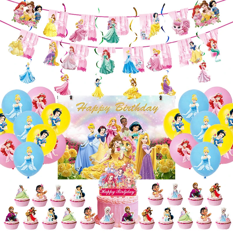 Disney Princess Birthday Decoration Tableware Paper Cups Plates Balloons Tablecloth Backdrop Banner Party Supplies For Baby Kids