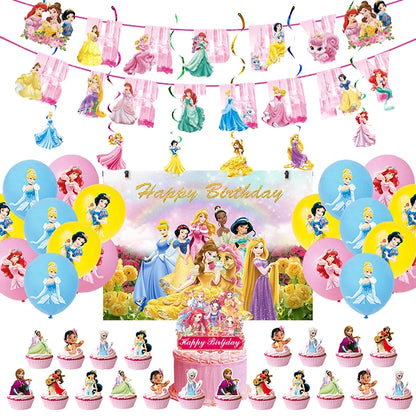 Disney Princess Birthday Decoration Tableware Paper Cups Plates Balloons Tablecloth Backdrop Banner Party Supplies For Baby Kids
