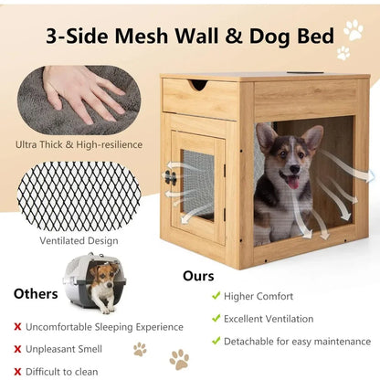 the DOG NIGHTSTAND - Dog Crate Furniture with Wireless Charging Function & USB Ports, Furniture Style Small Dog Crate, End Table with Drawer & Removable