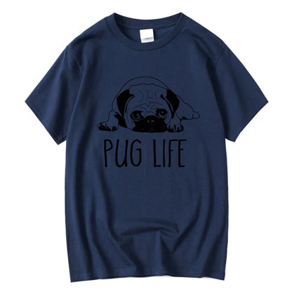 the LIFE OF PUGS - Men's High-Quality T-Shirt, 100% Cotton Funny Pug Printed Loose Male Crewneck T-Shirt, Short Sleeve O-Neck Men T-Shirt/Tops/Tees