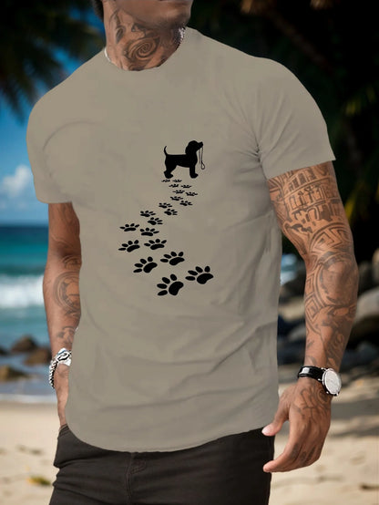 the WALK PLEASE -Men's Summer 100% Cotton Fashionable Casual Sports Loose Fit Dog Paw Print Round Neck Short Sleeved T-Shirt Top