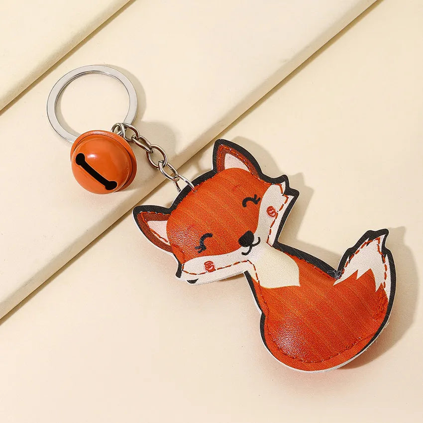 Fashionable Leather Fox Keychain Cartoon Cute Small Metal Bell Pendant Key Chain Animal Bag Charm Women's Decoration Accessorie