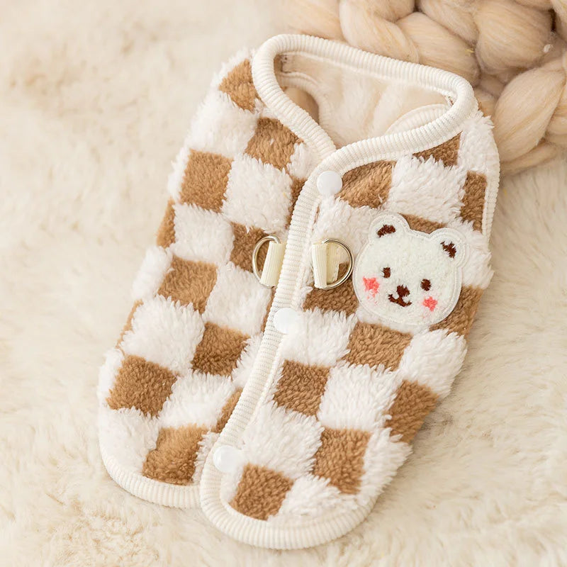 Winter Cat Dog Clothes with Buckle Sweet Bear Print Pet Plush Sweater for Small Dogs Pomeranian Chihuahua Puppy Button Jacket