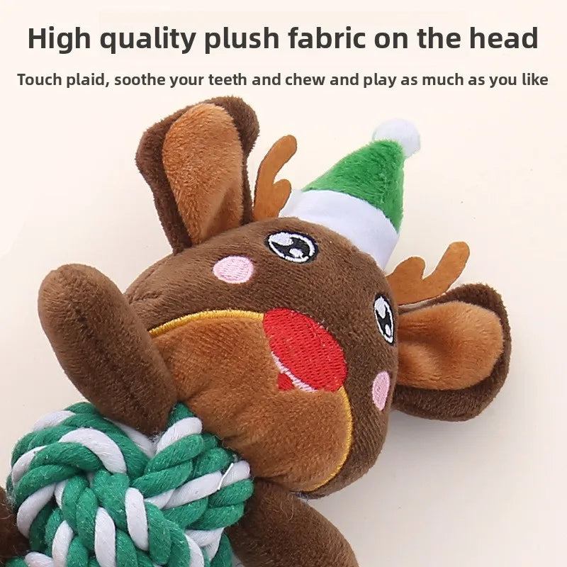 the MERRY PLUSH MUNCHERS - Christmas Plush Dog Toys with Cotton Rope & Squeakers, Chew Resistant Animal Dental Toys for Puppies, Teething Chew Toys