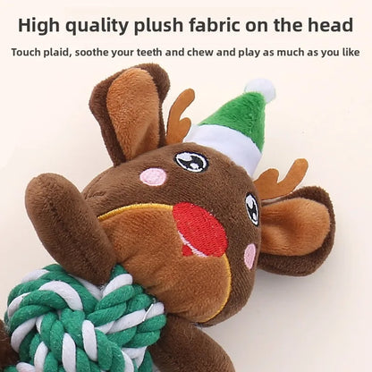 the MERRY PLUSH MUNCHERS - Christmas Plush Dog Toys with Cotton Rope & Squeakers, Chew Resistant Animal Dental Toys for Puppies, Teething Chew Toys