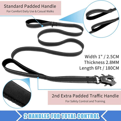 the COMMANDPRO REFLECTIVE LEASH - Heavy Duty Dog Leash - Nylon Reflective with Soft Padded 2 Handle & Auto Lock, Frog Clip, Outdoor Dog Leash with a Dog Poop Bag