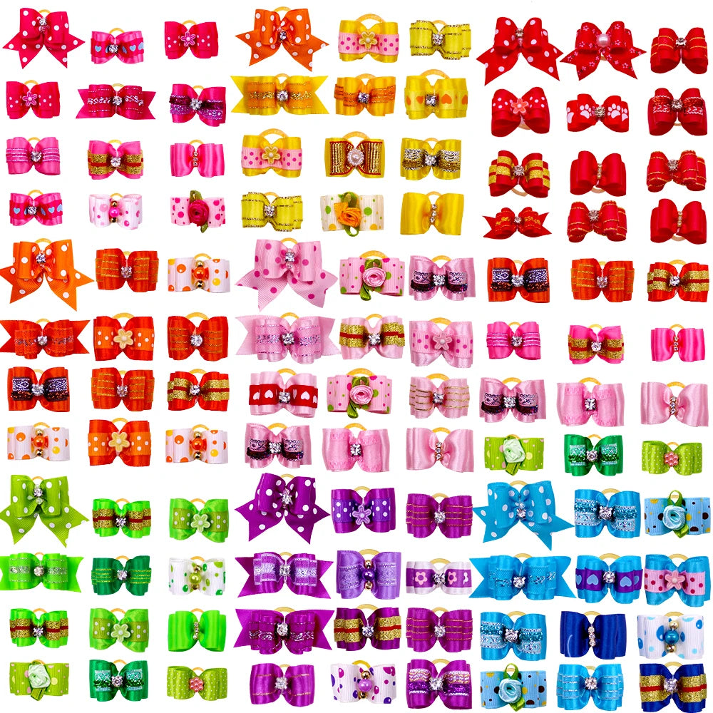 20pcs Pet Dog Cute Hair Bows with Rhinestone&Flowers Ribbon Bows Dog Hair Accessory Dog Groomining Pet Supplies