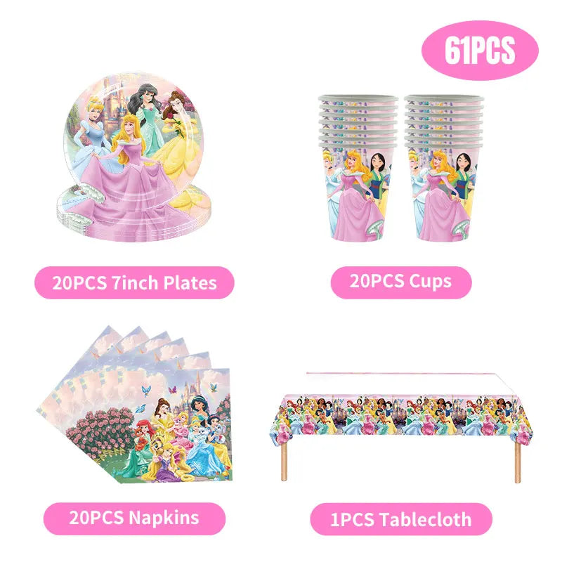Disney Princess Birthday Decoration Tableware Paper Cups Plates Balloons Tablecloth Backdrop Banner Party Supplies For Baby Kids